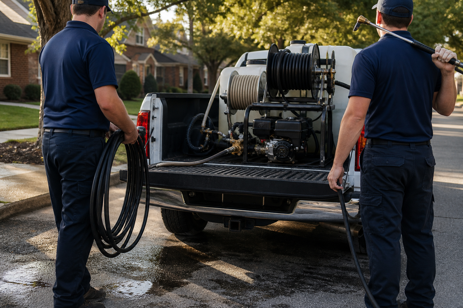 Two D & M Powerwashing technicians beside a work truck loaded with pressure washing equipment