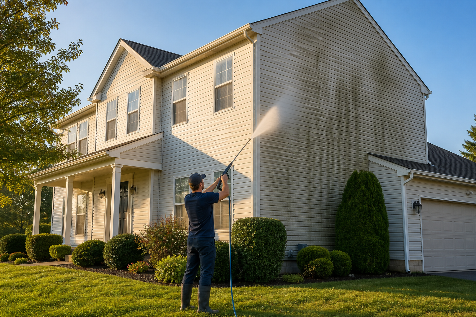 Technician soft washing the siding of a two-story Kansas City home at golden hour