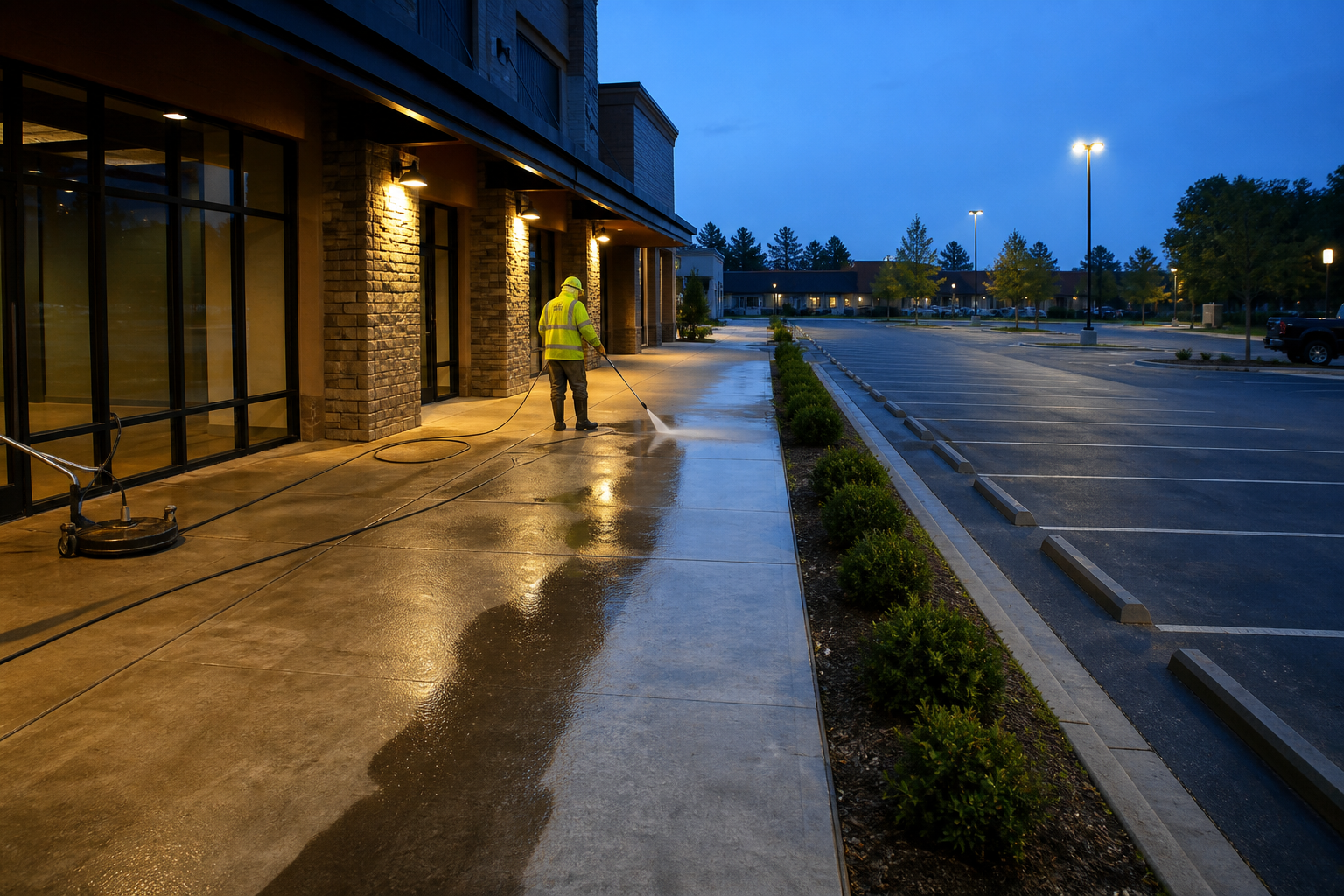 Worker pressure washing a retail strip center sidewalk and storefront entry before opening hours