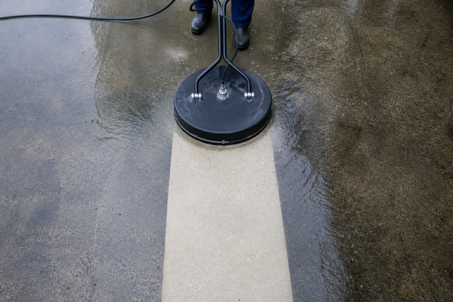 Overhead view of a surface cleaner leaving a bright clean stripe across a stained concrete driveway