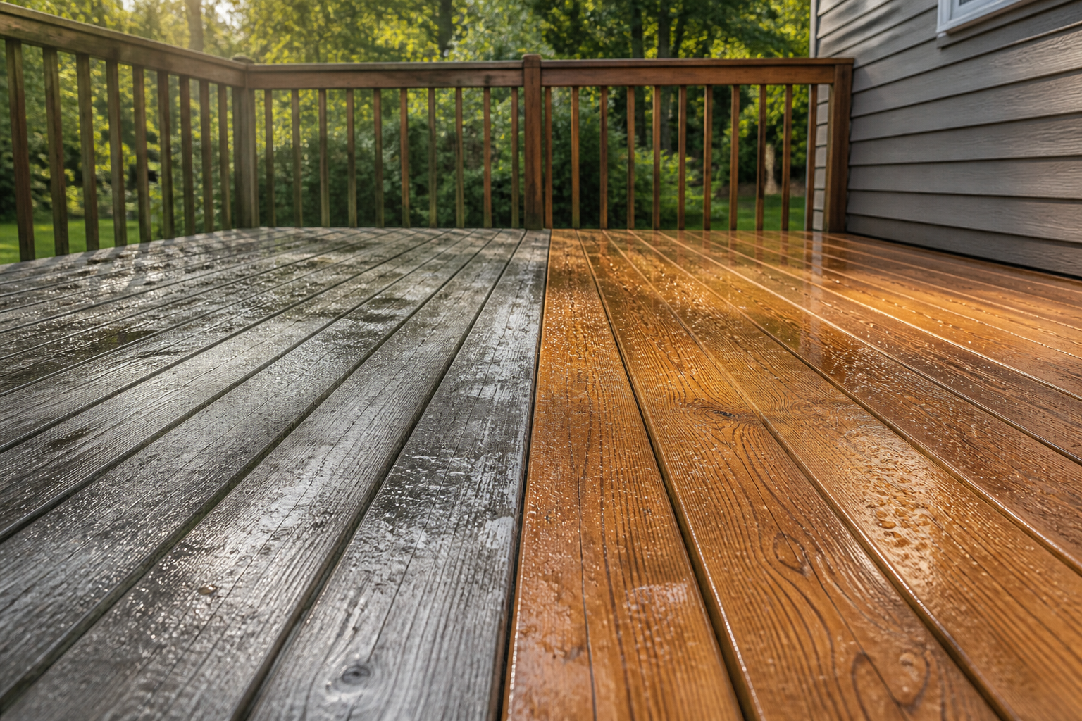Cedar deck boards mid-restoration, half weathered gray and half freshly cleaned honey brown