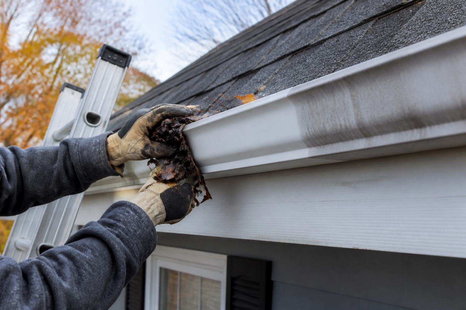 Gloved hands clearing wet leaf debris from a white aluminum gutter along a shingled roof edge