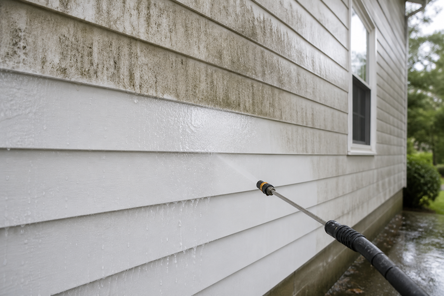 Lap siding on a Kansas City home halfway through a soft wash, clean white below and gray grime above
