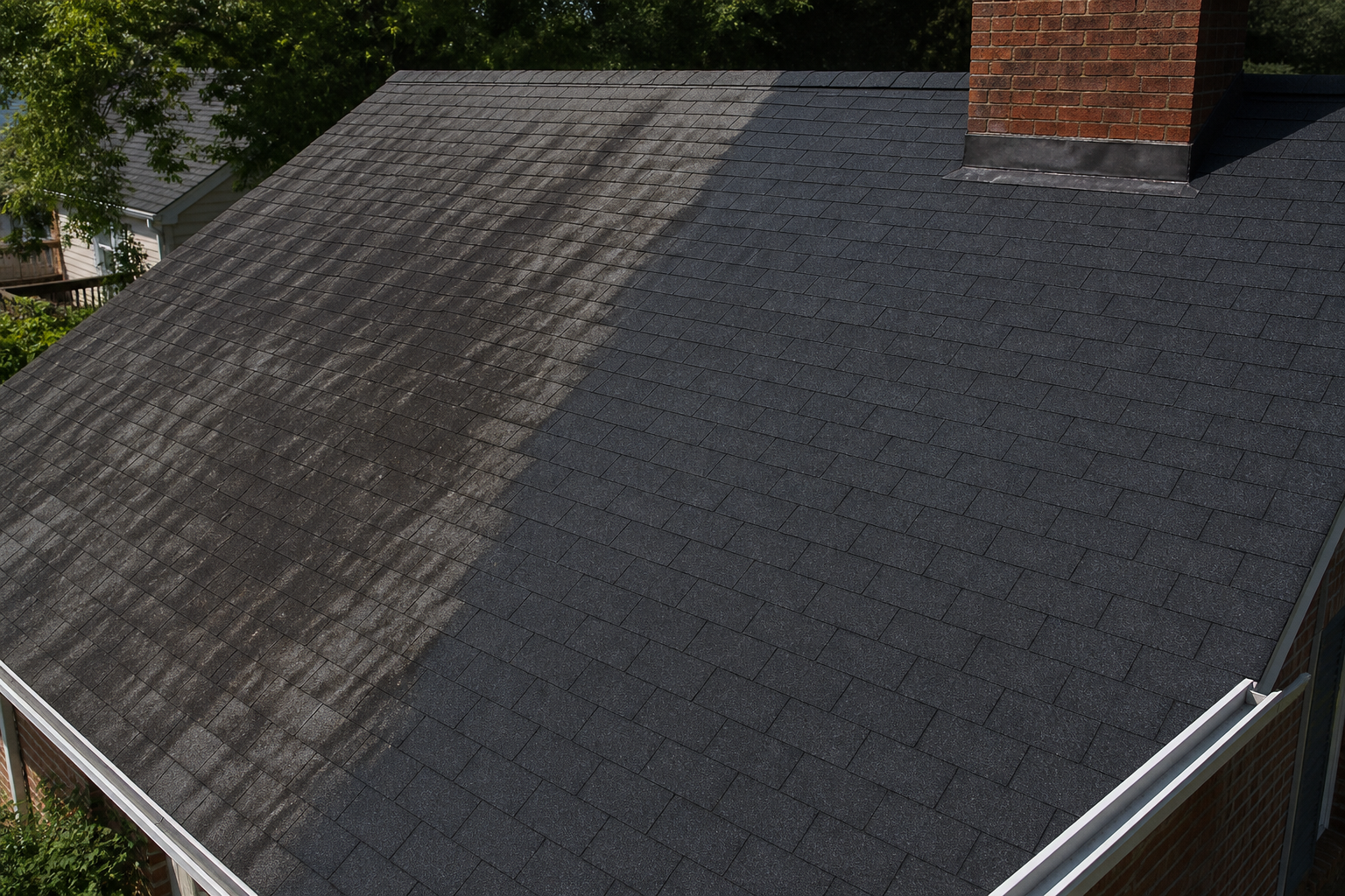 Asphalt shingle roof with black algae streaks, one section restored to clean charcoal shingles