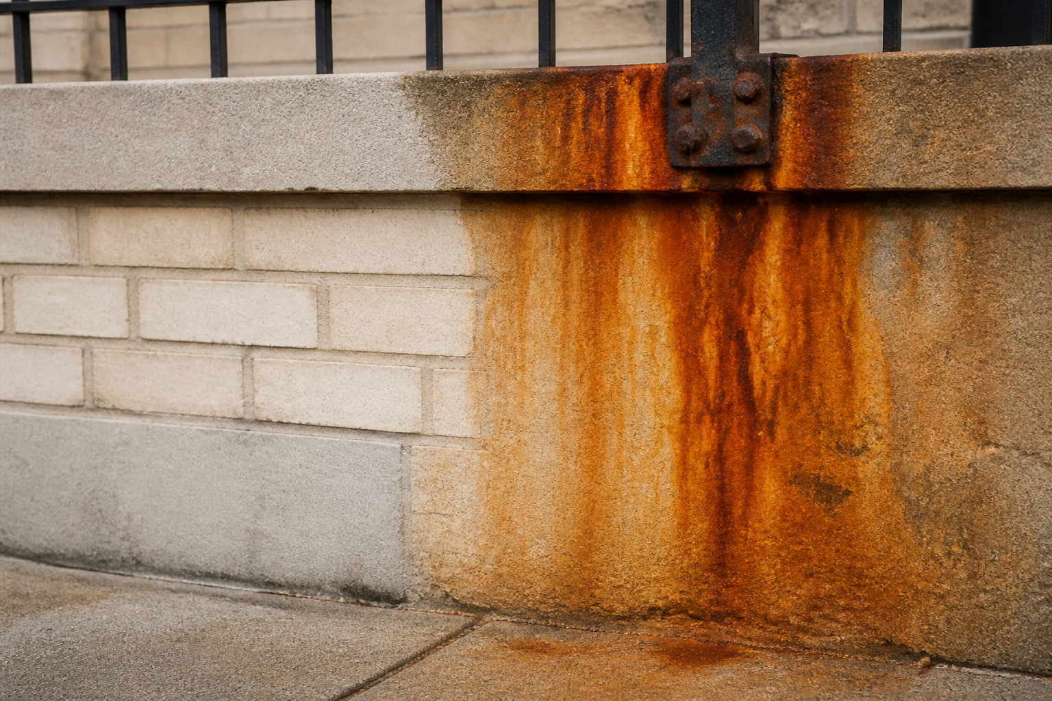 Orange rust stain bleeding down a tan brick and concrete wall, partially dissolved back to clean masonry